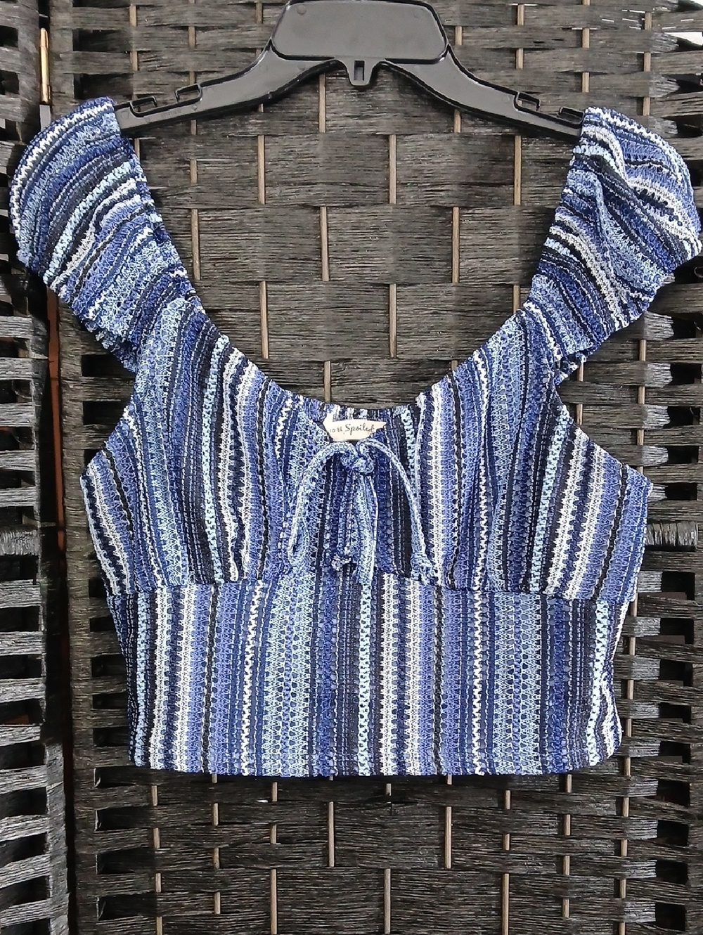Live To Be Spoiled Striped Blue Knit Tie-Front Crop Top Womens SZ XL